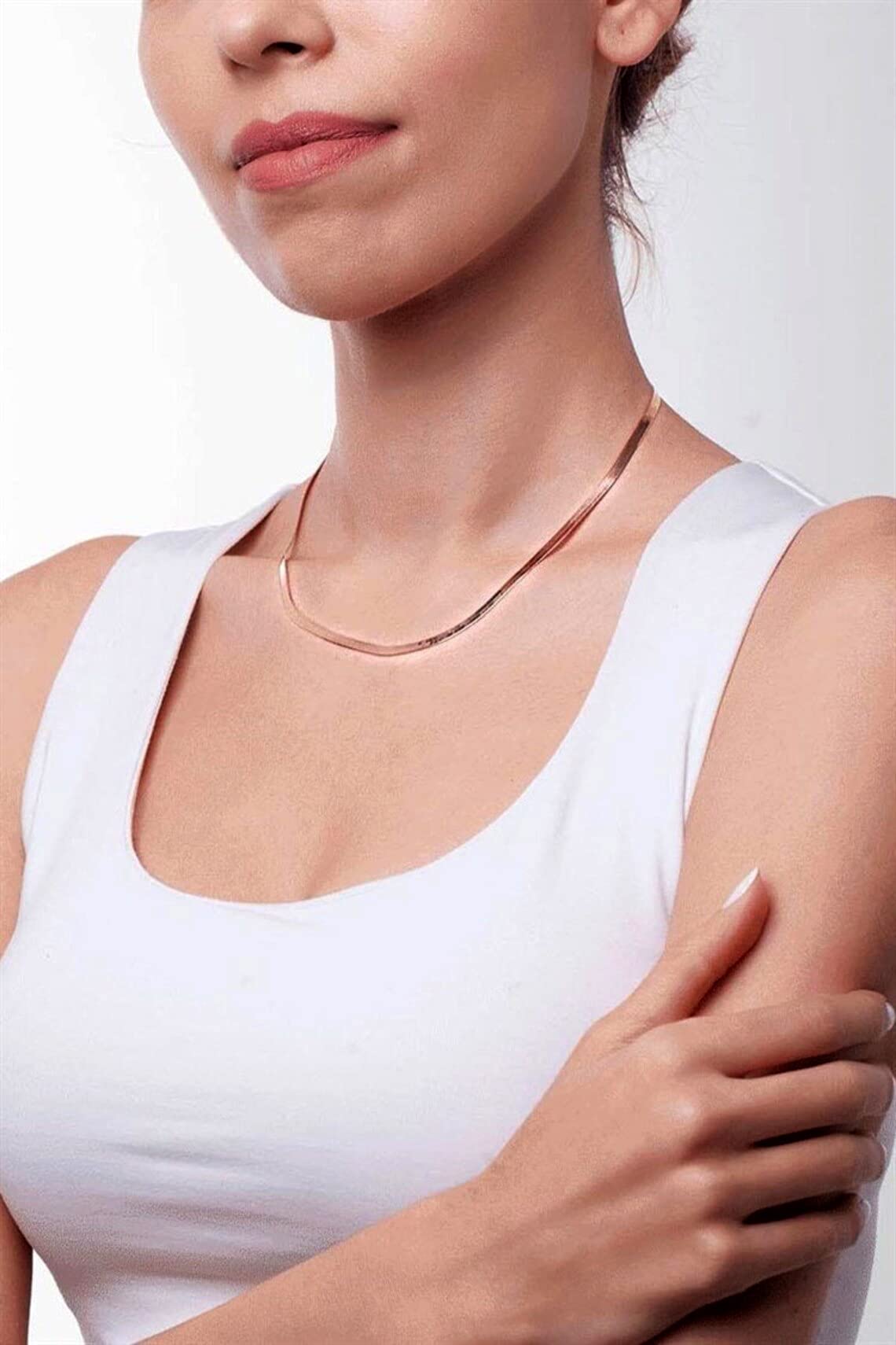 BERISO 18K Rose Gold Plated Shiny Snake Necklaces Herringbone Necklace for Women Women’s Herringbone Chain Trendy Sparkle Snake Chain Necklace