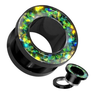 Pierced Owl 316L Stainless Steel Green Opal Glitter Rim Black Screw Fit Tunnel Plugs, Sold as a Pair (8mm (0GA))