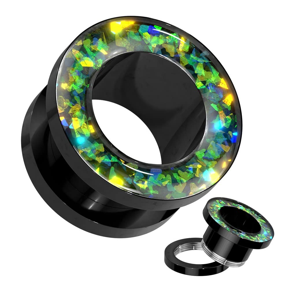 Pierced Owl 316L Stainless Steel Green Opal Glitter Rim Black Screw Fit Tunnel Plugs, Sold as a Pair (8mm (0GA))