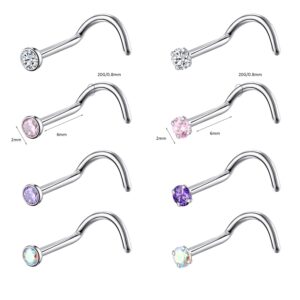 8PCS G23 Titanium Twist Screw Nose Studs 18G 20G Nose Rings 2mm 2.5mm 3mm Clear Pink Purple Aurora CZ Gold Nose Piercing Studs Nostril for Women Men(20g silver mix-color cz 2mm)