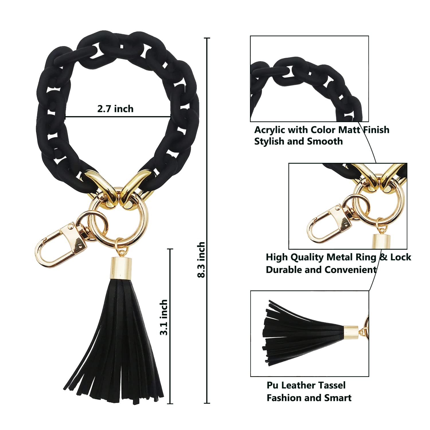 Pemilosci Keychain Wristlet Stylish Acrylic Keychain Bracelet for Women Car Keys with Tassel Bag Charm Pendant Keychain (Black)…