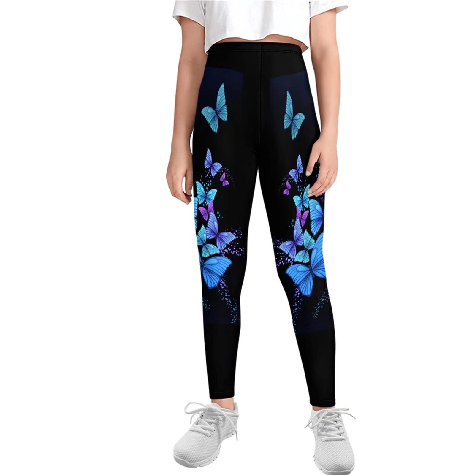 FOR U DESIGNS Kids Leggings Blue Butterflies Print Sport Athletic Leggings Gym Dance Running Yoga Pants High Waisted Leggings for Girls Casual Active Leggings Stretch Ankle Length Tights