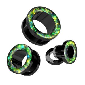 Pierced Owl 316L Stainless Steel Green Opal Glitter Rim Black Screw Fit Tunnel Plugs, Sold as a Pair (8mm (0GA))