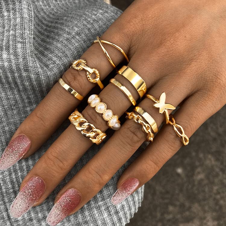 10Pcs Gold Dome Chunky Rings Set for Women Girls,18K Gold Plated Braided Twisted Round Signet Link Rings Adjustable Open Ring Band Statement Jewelry