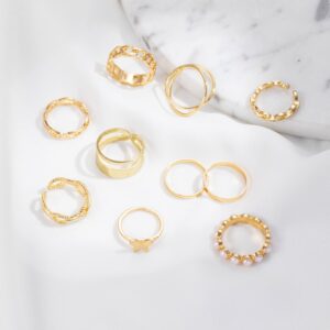 10Pcs Gold Dome Chunky Rings Set for Women Girls,18K Gold Plated Braided Twisted Round Signet Link Rings Adjustable Open Ring Band Statement Jewelry