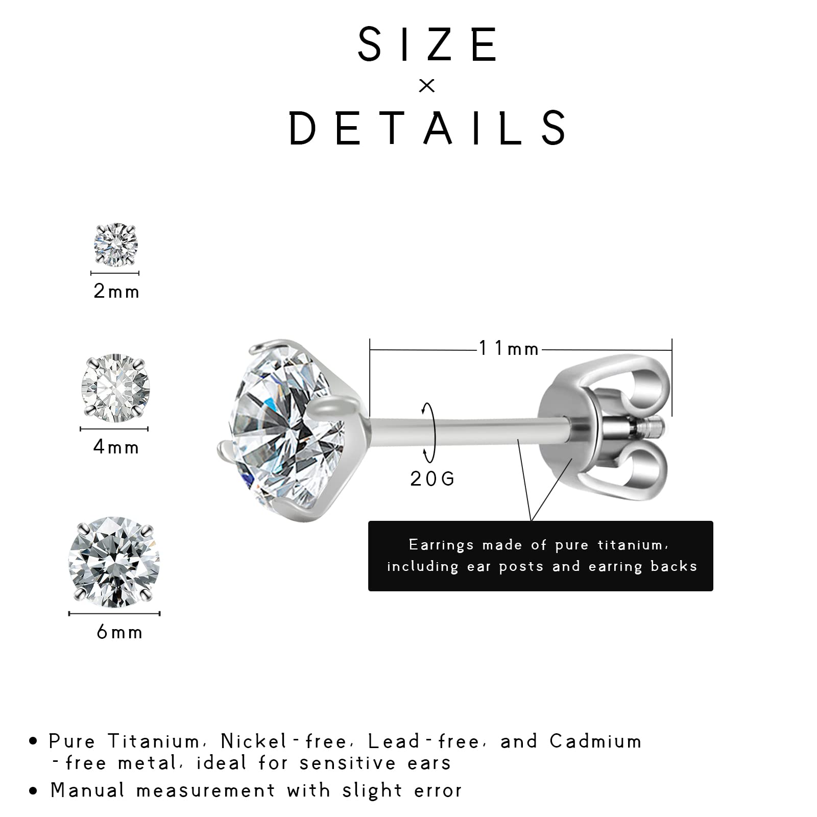 TGNEL 2mm Titanium Earrings Cubic Zirconia Earrings for Women, Tiny Titanium Stud Earring Hypoallergenic for Women Men Sensitive Ear