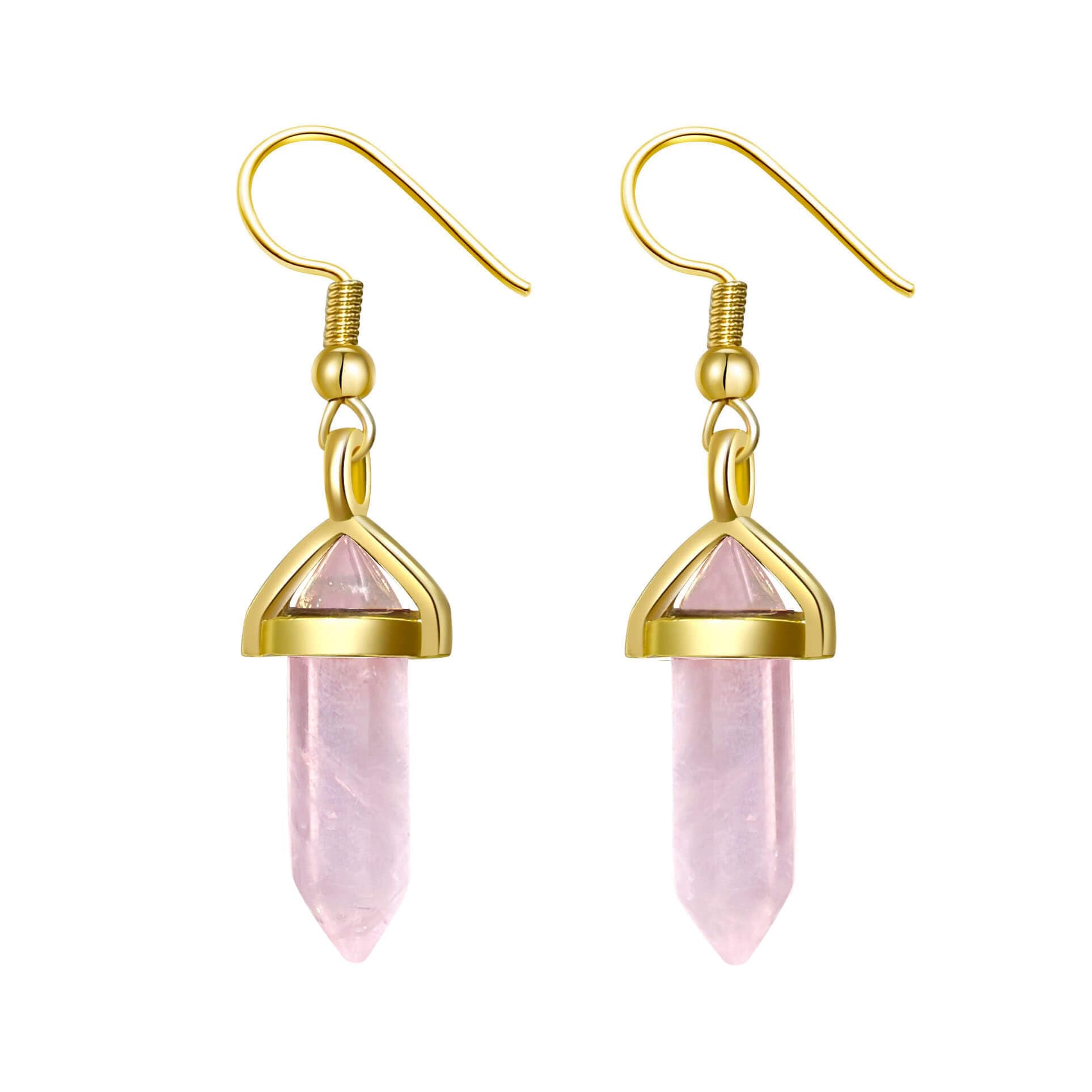 Ladywowu Rose Quartz Earrings for Women, Natural Healing Crystal Earrings Gold, Cute Hexagonal Points Pink Reiki Gemstones Dangle Drop Earrings