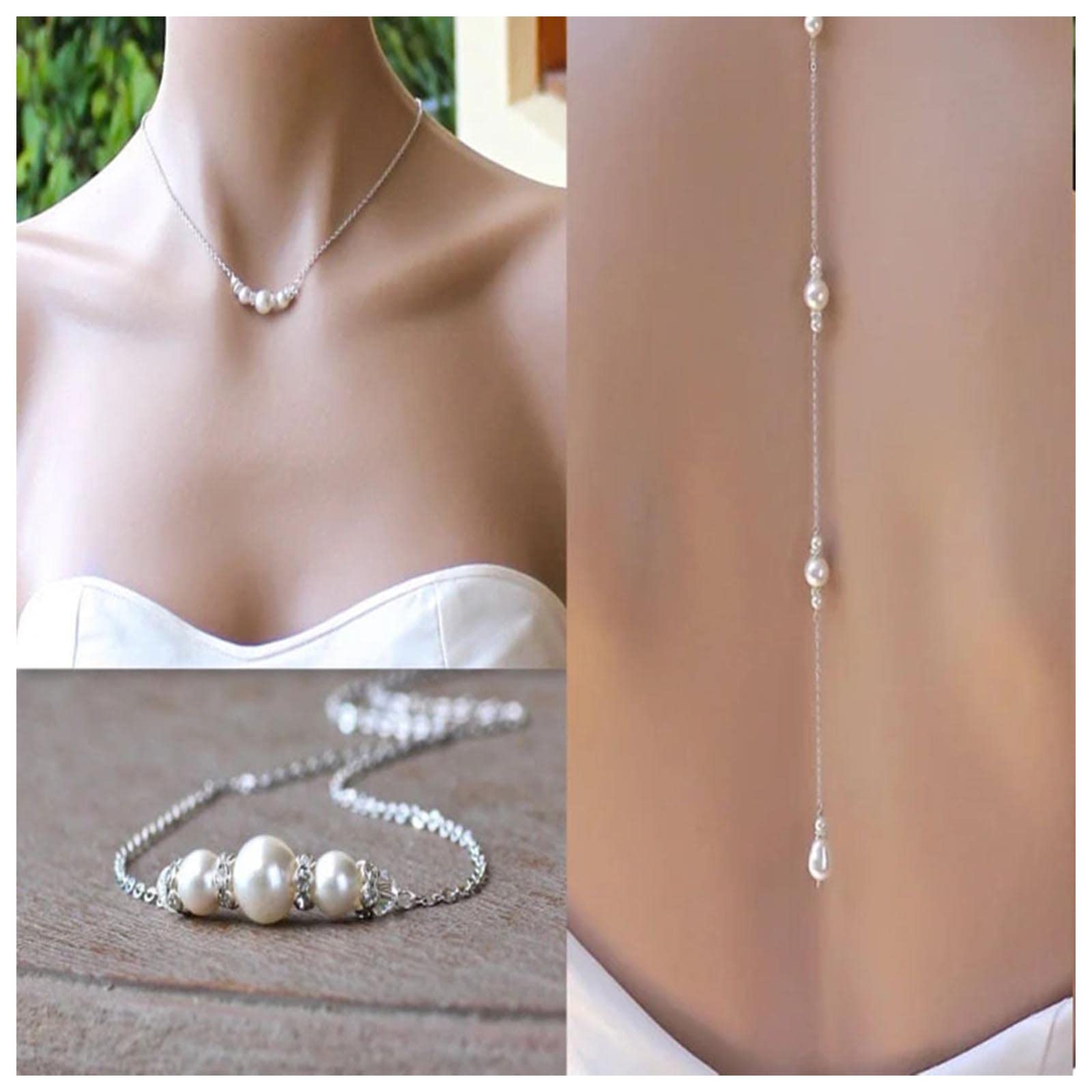 Yheakne Boho Pearl Back Chain Necklace Silver Pearl Crystal Backdrop Necklace Body Chain Long Bridal Back Drop Chain Summer Beach Body Jewelry for Women and Girls