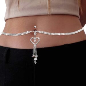 Rhinestone Heart Dangle Belly Button Ring with Waist Chain Crystal Piercing Navel Belly Chain Sexy Bikini Body Chain Jewelry Accessories for Women