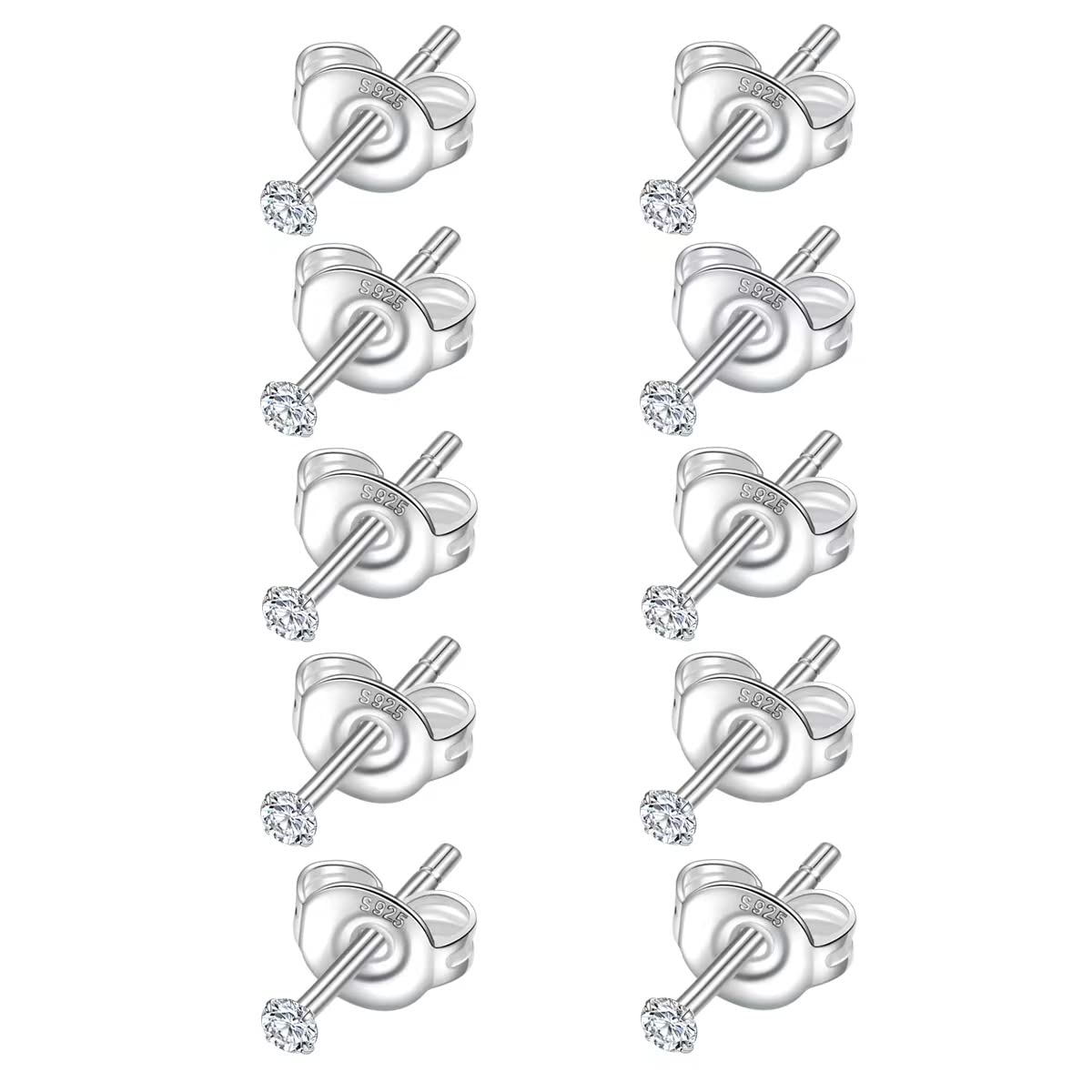 925 Sterling Silver Tiny 2mm Stud Earrings for Women: 5 Pairs Cartilage Helix Hypoallergenic Stud Earrings Clear Round CZ Stud Earrings Set for Women Multiple Piercing