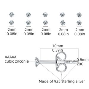 925 Sterling Silver Tiny 2mm Stud Earrings for Women: 5 Pairs Cartilage Helix Hypoallergenic Stud Earrings Clear Round CZ Stud Earrings Set for Women Multiple Piercing