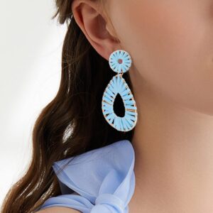 Legitta Raffia Teardrop Dangle Earrings Blue Bohemian Tassel Fringe Rattan Hoop Statement Drop Earrings for Women