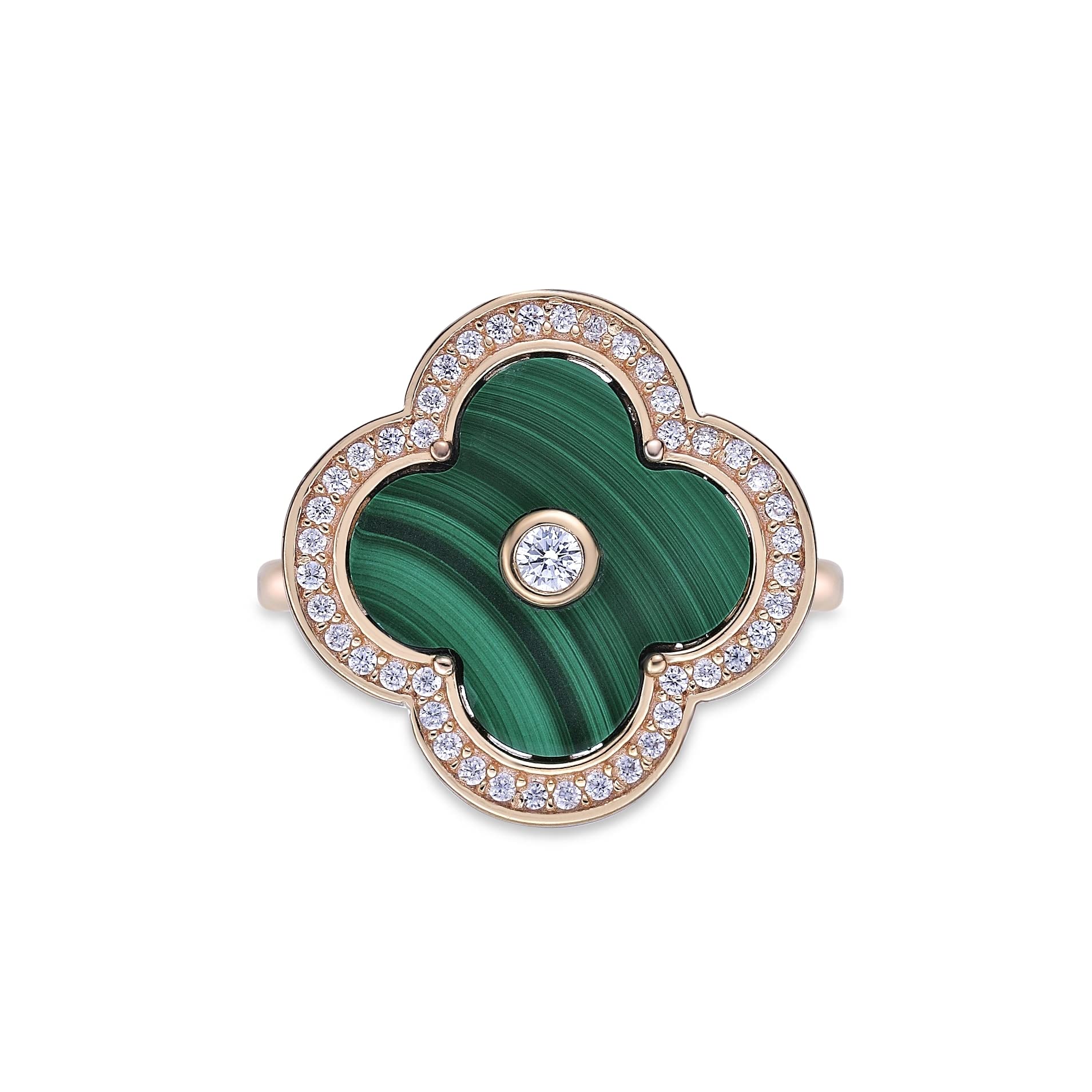 Lavari Jewelers Four Leaf Clover Flower Ring for Women - Graceful Green Malachite & Cubic Zirconia in 925 Sterling Silver - Hypoallergenic Yellow Gold Plated - Halo Statement Ring Size 6