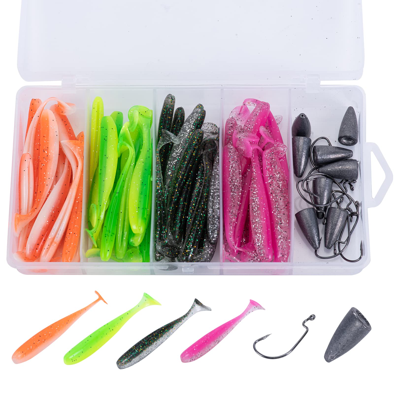 Goture Fishing Soft Plastic Lures Kit Jig Head Hooks Crappie Lures Trout Bass Fishing Worm Lures Crappie Jigs Fishing Lures Set with Tackl Box for Freshwater Saltwater Fishing