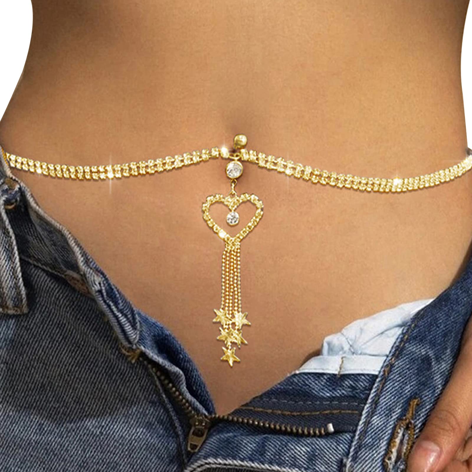 Rhinestone Heart Dangle Belly Button Ring with Waist Chain Crystal Piercing Navel Belly Chain Sexy Bikini Body Chain Jewelry Accessories for Women