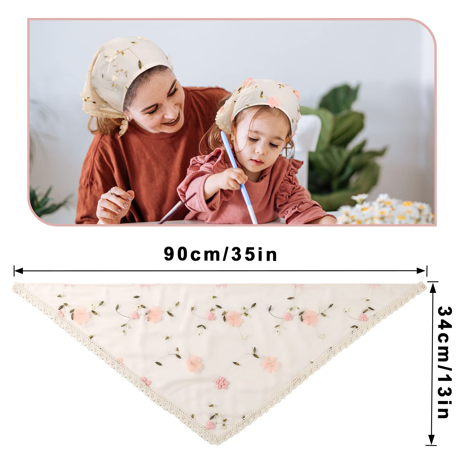 AWAYTR 2Pcs Floral Hair Bandanas Tie-back Head Kerchief for Women Flower Mesh Hair Scarves Lightweight Triangular Head Scarf (Lace trim(Beige/Pink))