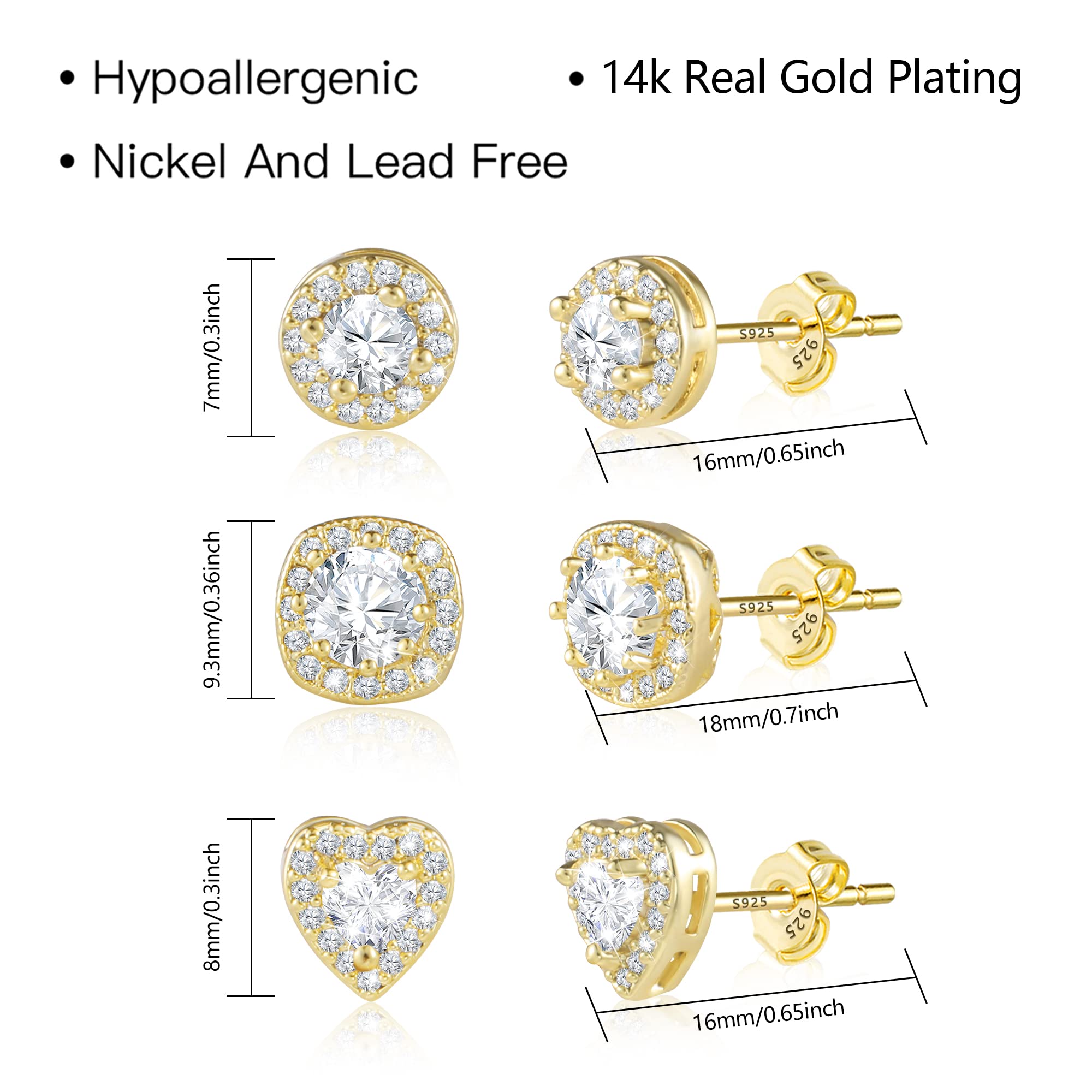 KISSPAT 14K Gold Plated Stud Earrings Set Halo Heart Round Cubic Zirconia Stud Earrings Pack Faux Diamond Studs for Women