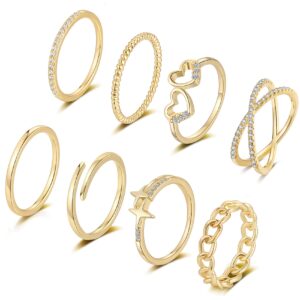 honsny 8pcs 14k gold plated stacking rings for women gold silver stackable knuckle rings twist thumb thin dainty gold band rings wave finger eternity silver ring set for teen girls size 5 to 11