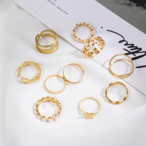 10Pcs Gold Dome Chunky Rings Set for Women Girls,18K Gold Plated Braided Twisted Round Signet Link Rings Adjustable Open Ring Band Statement Jewelry