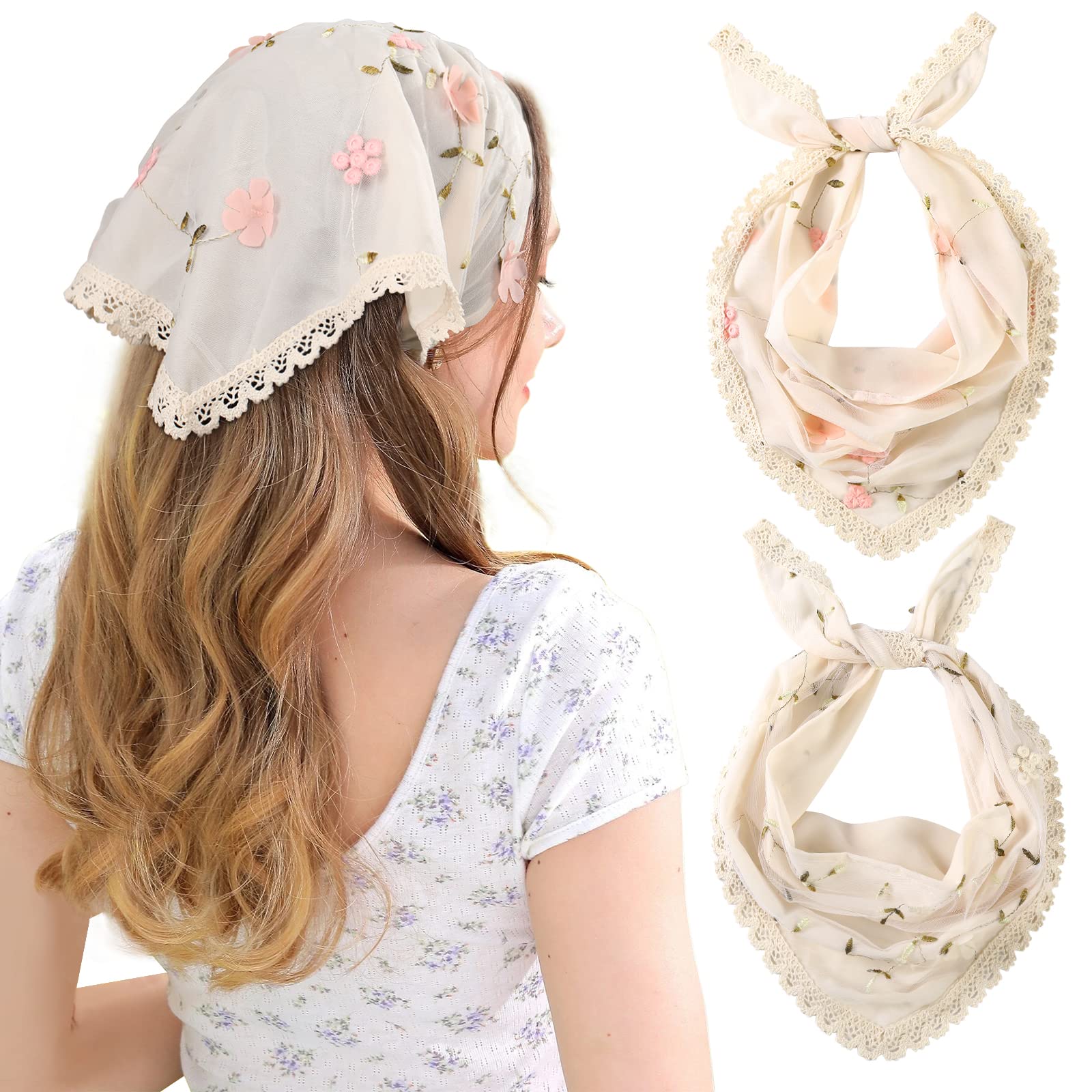 AWAYTR 2Pcs Floral Hair Bandanas Tie-back Head Kerchief for Women Flower Mesh Hair Scarves Lightweight Triangular Head Scarf (Lace trim(Beige/Pink))