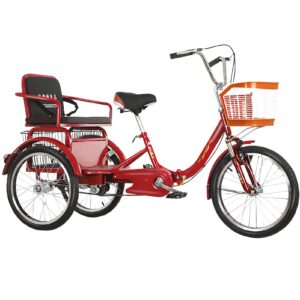 adult tricycle senior 3-wheel bicycles with large basket and rear seat, 20-inch three-wheel cruiser bicycles bike for leisure, shopping, (color : red)