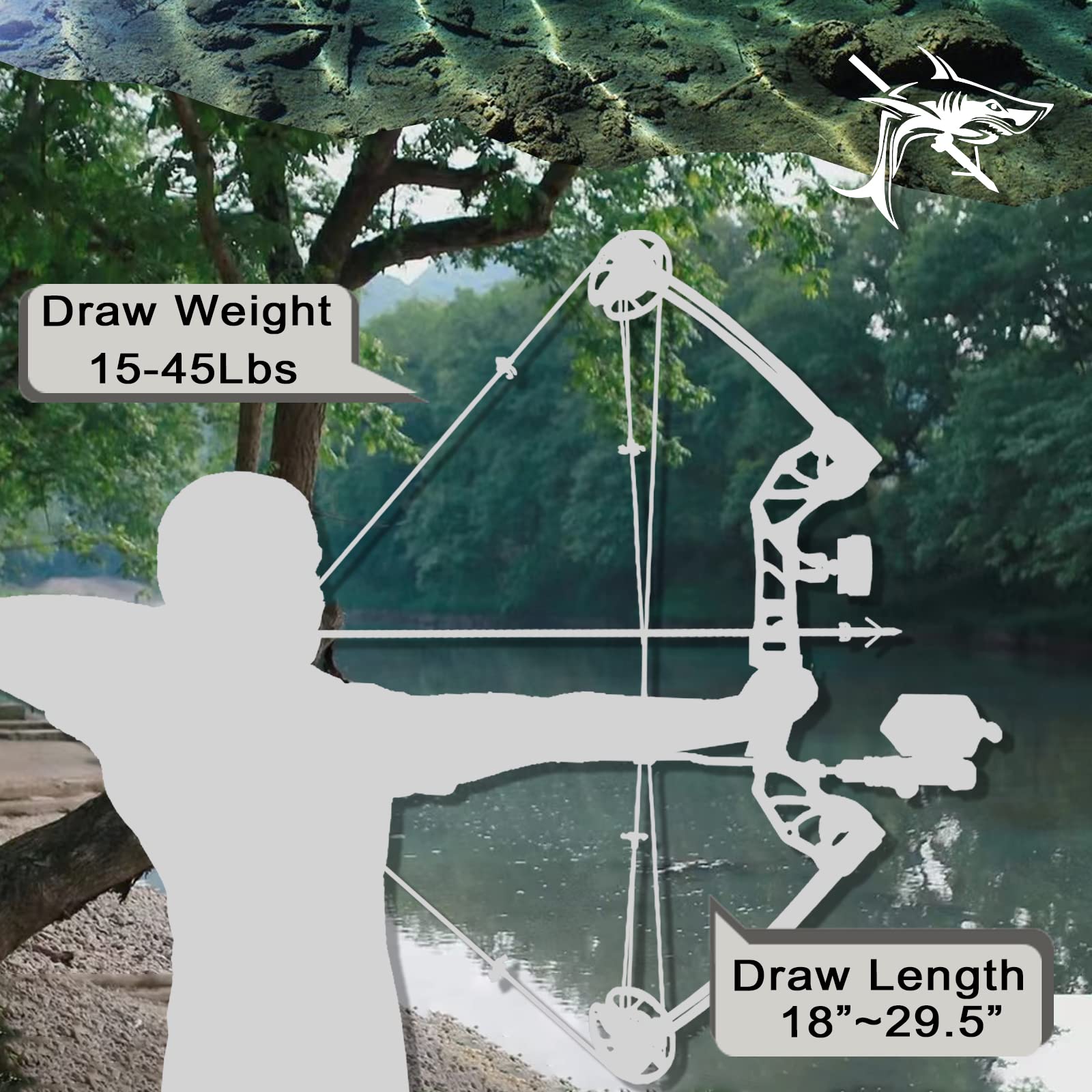 Lanneret Bowfishing Bow Kit 15-45 LBS Shoot Right Handed 2023 New Draw Length 18"~29.5" Fully Adjustable (Camouflage)