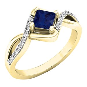 dazzlingrock collection 4 mm princess lab created blue sapphire & round white diamond women bypass ring, 10k yellow gold, size 7