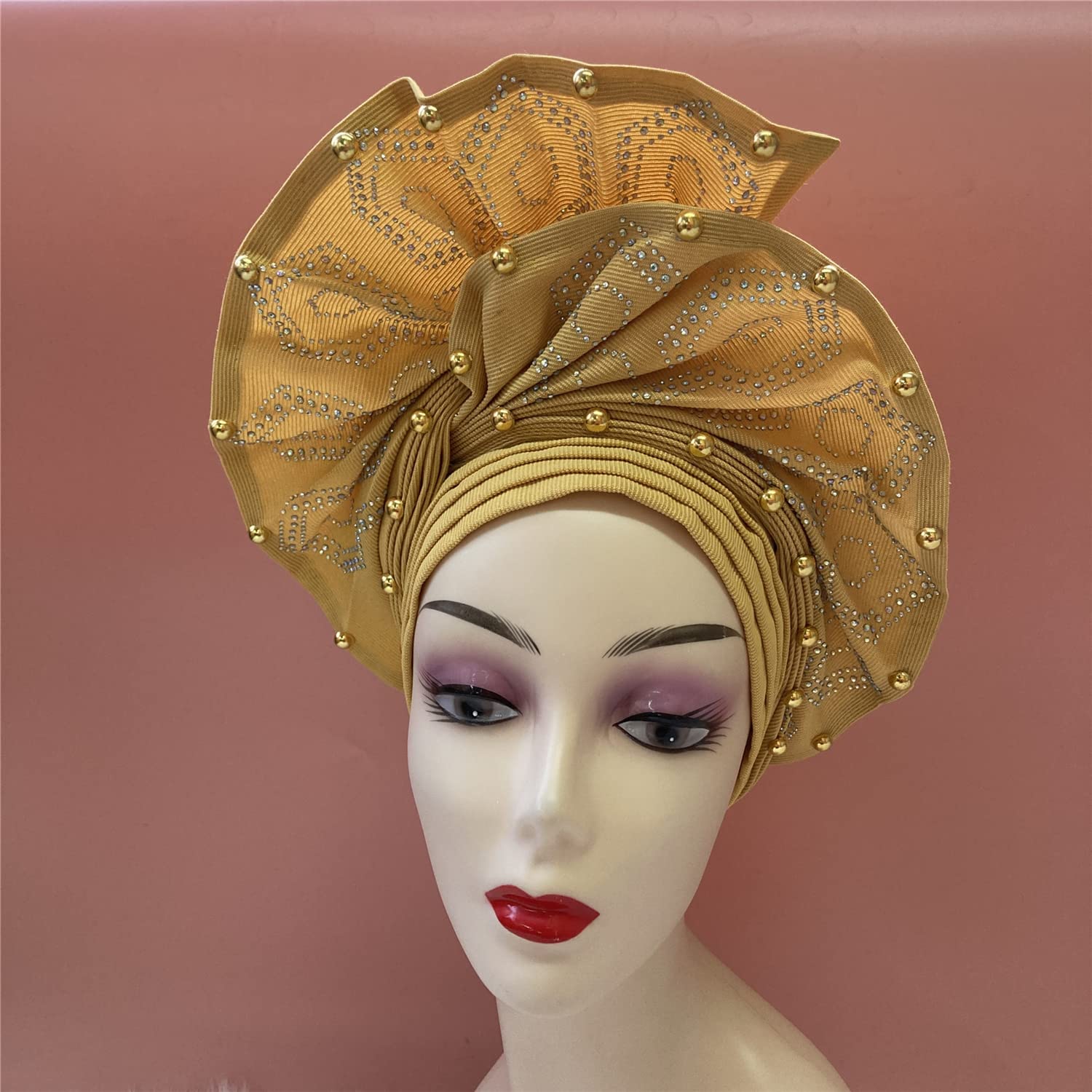 Luxury Nigerian Headtie Already Made African Headtie Women Headbands Head Wrap Headties Femme Headscarf Headgear Sewing Fabric For Party (Gold)