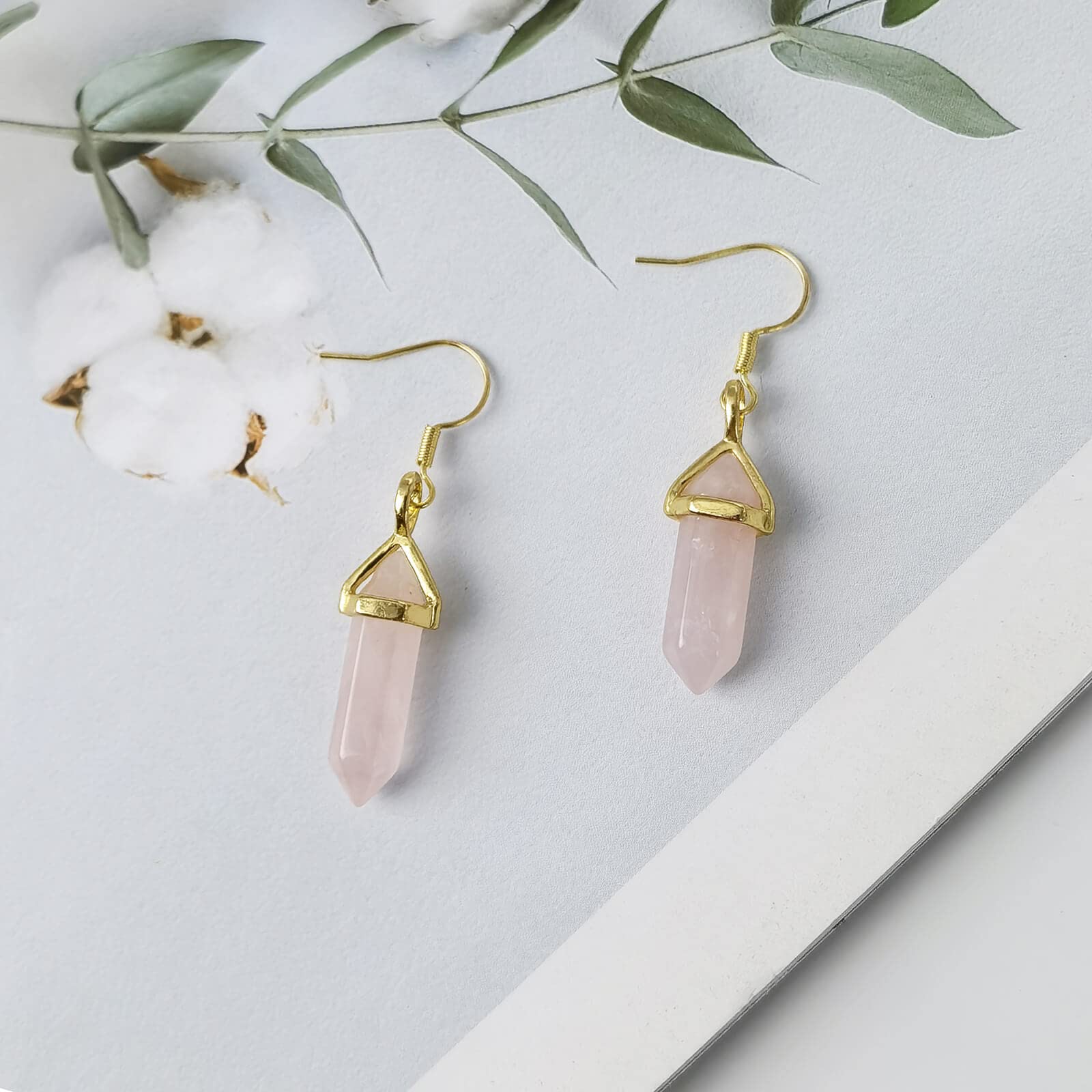 Ladywowu Rose Quartz Earrings for Women, Natural Healing Crystal Earrings Gold, Cute Hexagonal Points Pink Reiki Gemstones Dangle Drop Earrings