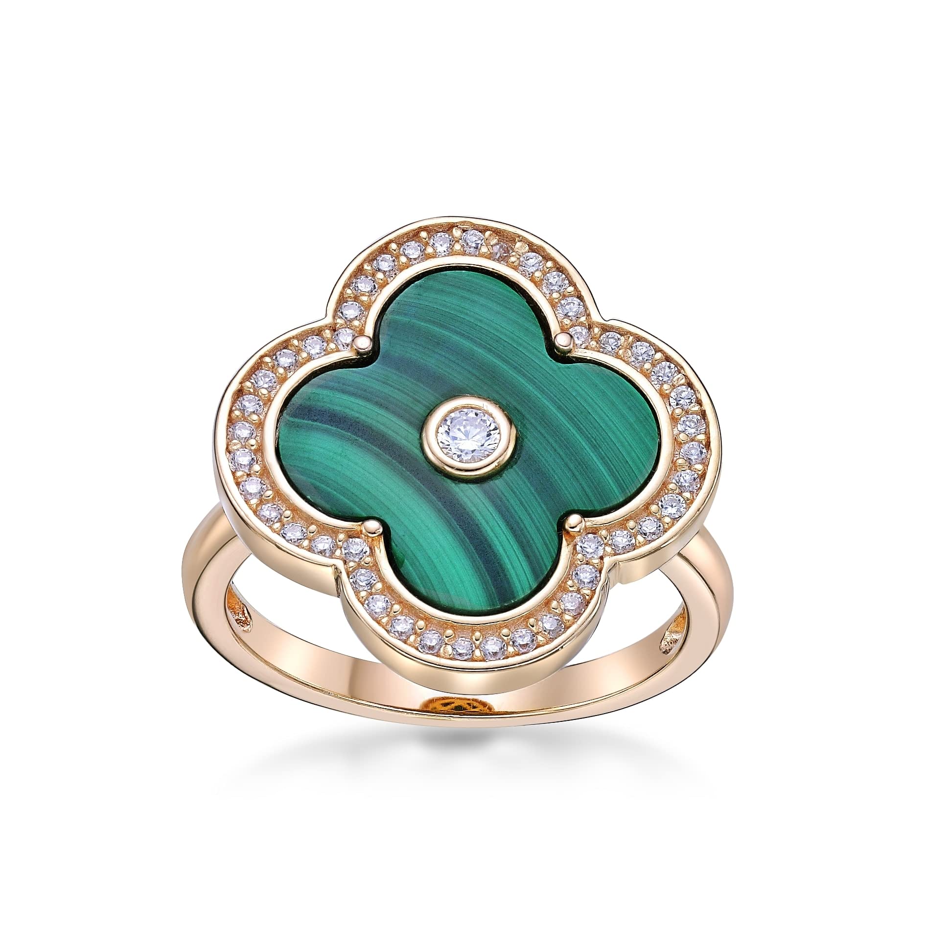 Lavari Jewelers Four Leaf Clover Flower Ring for Women - Graceful Green Malachite & Cubic Zirconia in 925 Sterling Silver - Hypoallergenic Yellow Gold Plated - Halo Statement Ring Size 6