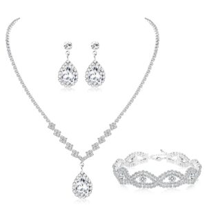 Jstyle Bridal Wedding Jewelry Set Silver Rhinestone Necklace Bracelet Dangle Earrings for Bride Bridesmaid Teardrop Pendants Crystal Prom Costume Jewelry Accessories for Women (3 piece set) A