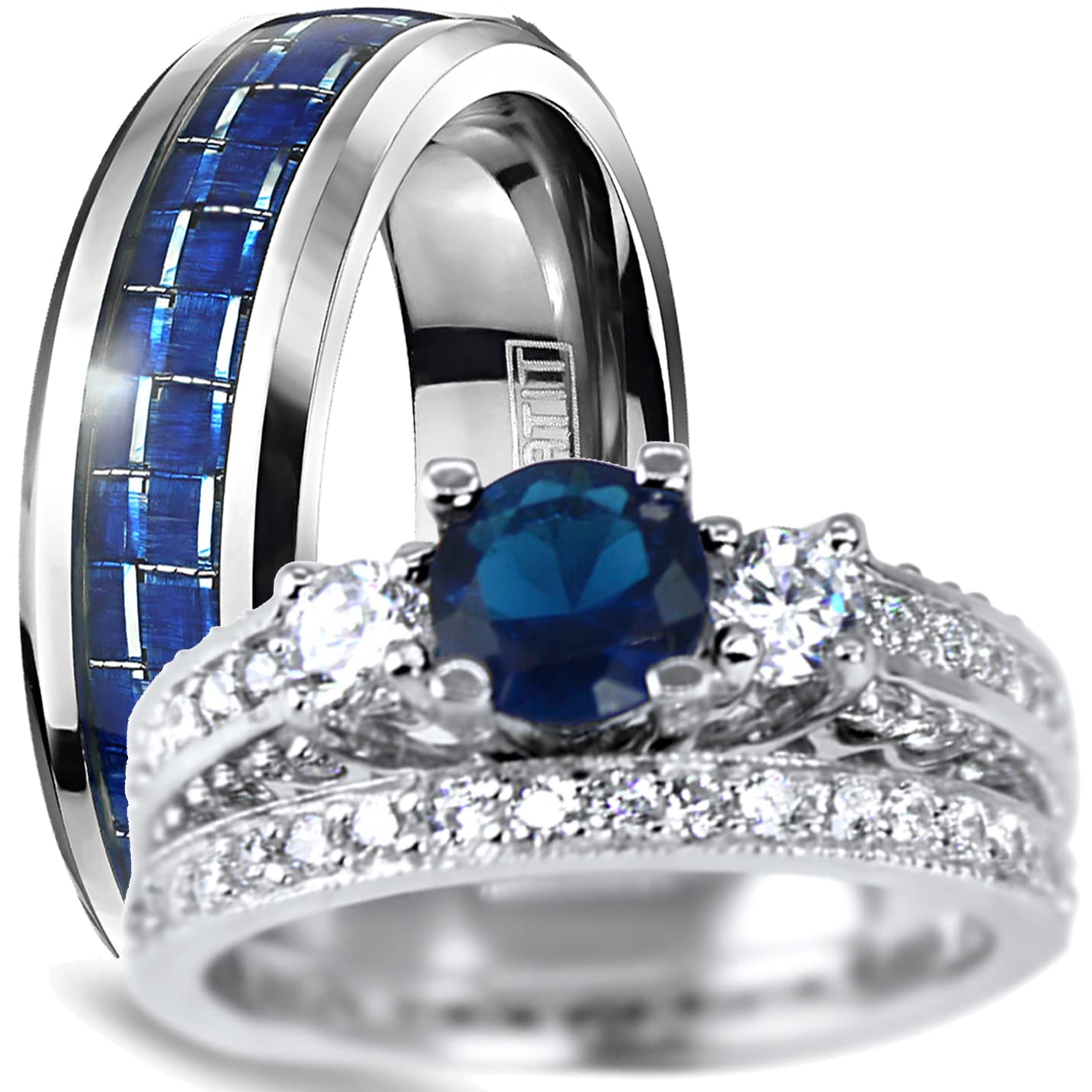 LaRaso & Co His Hers TRIO Wedding Set CZ Bridal Band Engagement Ring Set Him Her Thin Blue Line