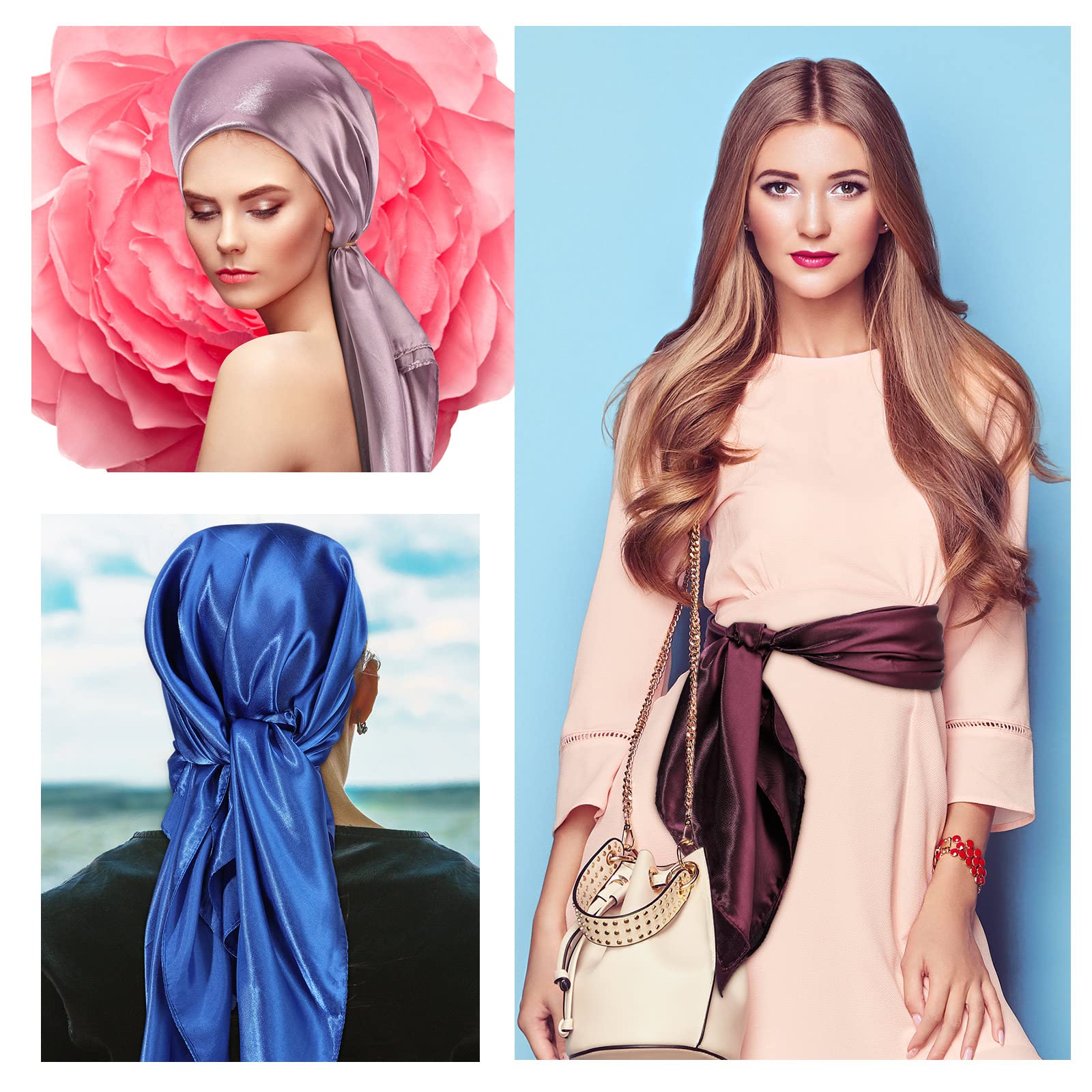 16 Pieces 35 Inch Satin Hair Scarf Women Silk Head Scarf Bulk Neck Scarf Large Square Hair Scarf for Sleeping Solid Color Lightweight Hair Wrapping at Night