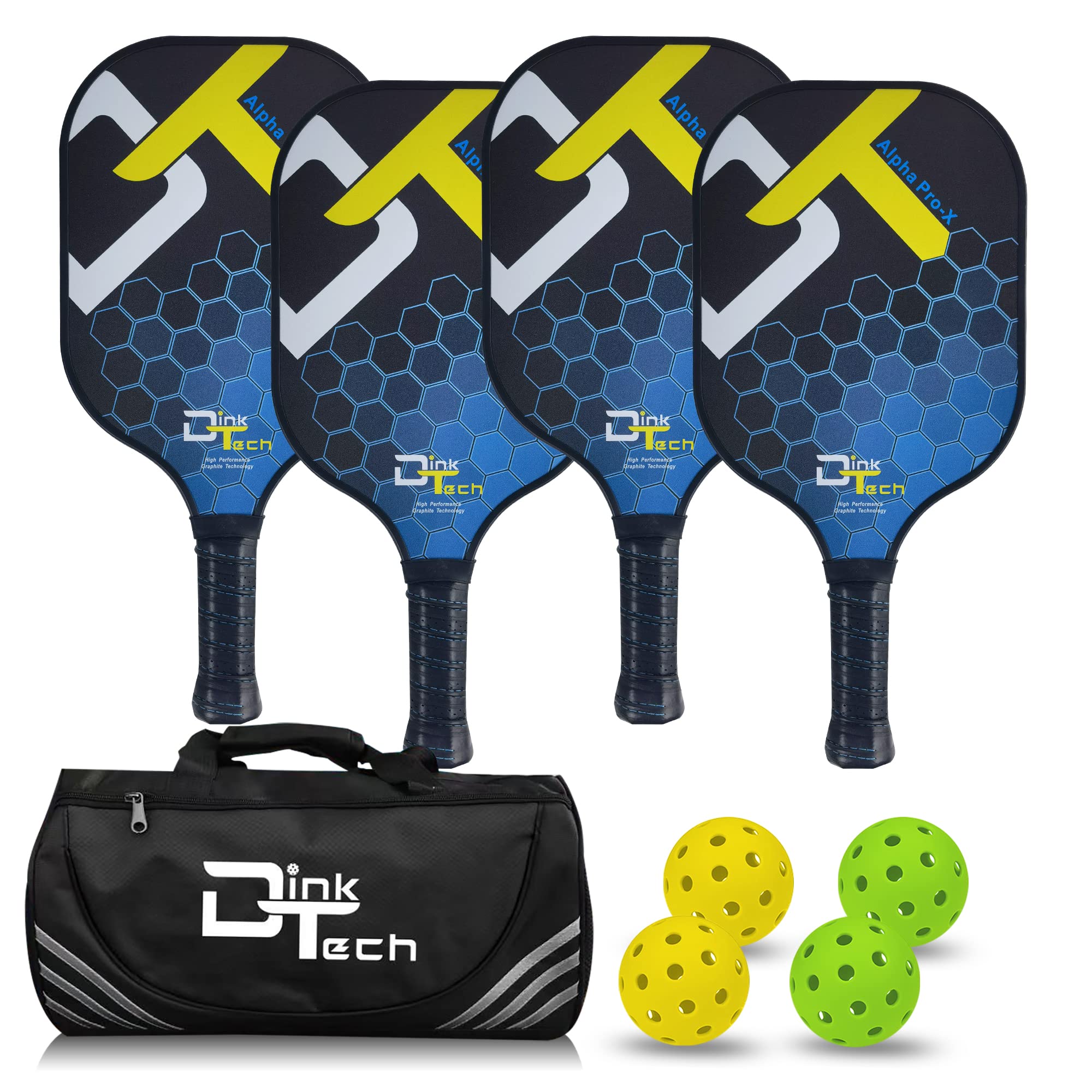 Dink Tech Pickleball Paddles Set – Pickleball Set of 4 Graphite Pickleball Paddles, 4 Pickleball Balls for Indoor or Outdoor Play. Pickle Ball Set – 4 Racquets, 4 Pickleballs, 1 Bag - USAPA Standard