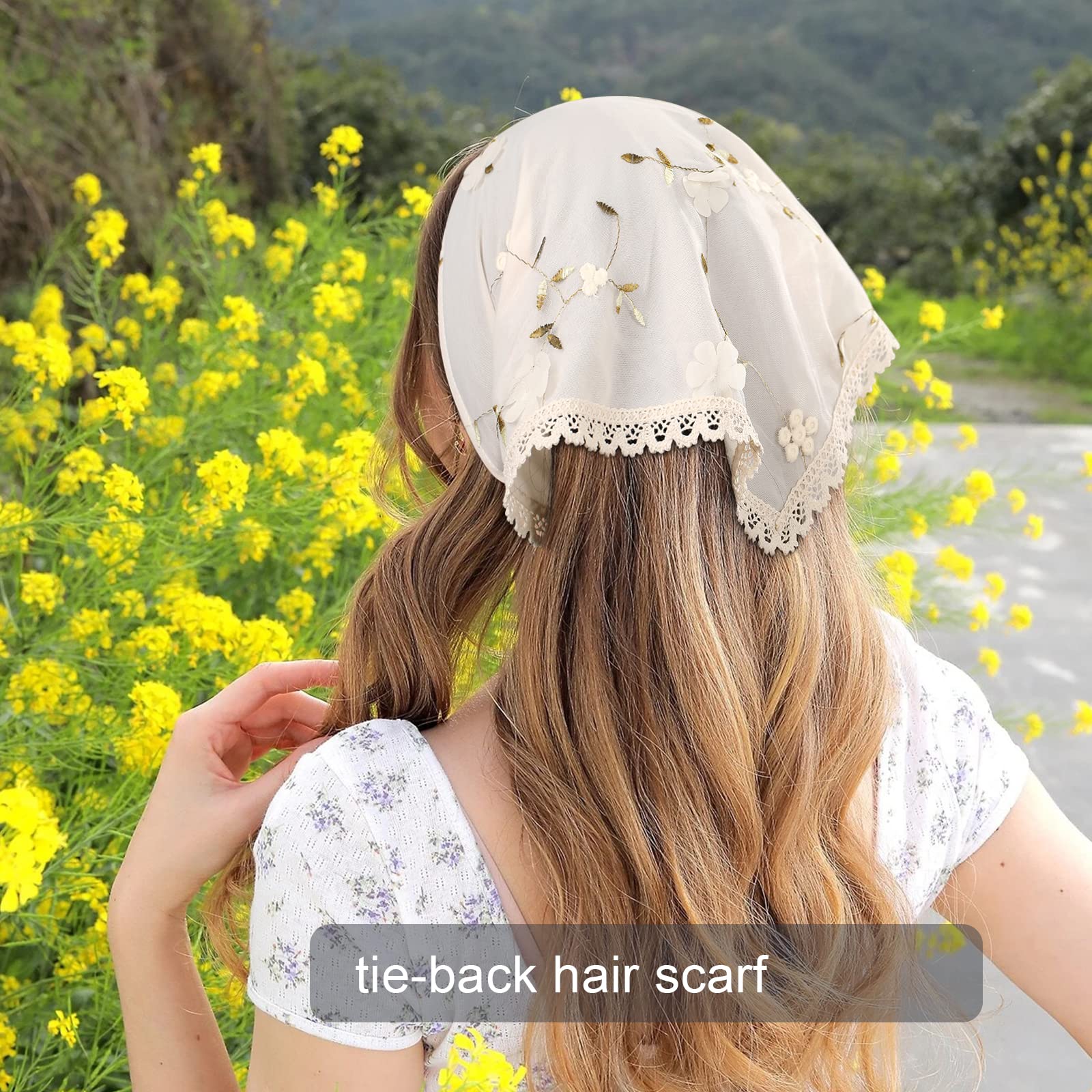 AWAYTR 2Pcs Floral Hair Bandanas Tie-back Head Kerchief for Women Flower Mesh Hair Scarves Lightweight Triangular Head Scarf (Lace trim(Beige/Pink))