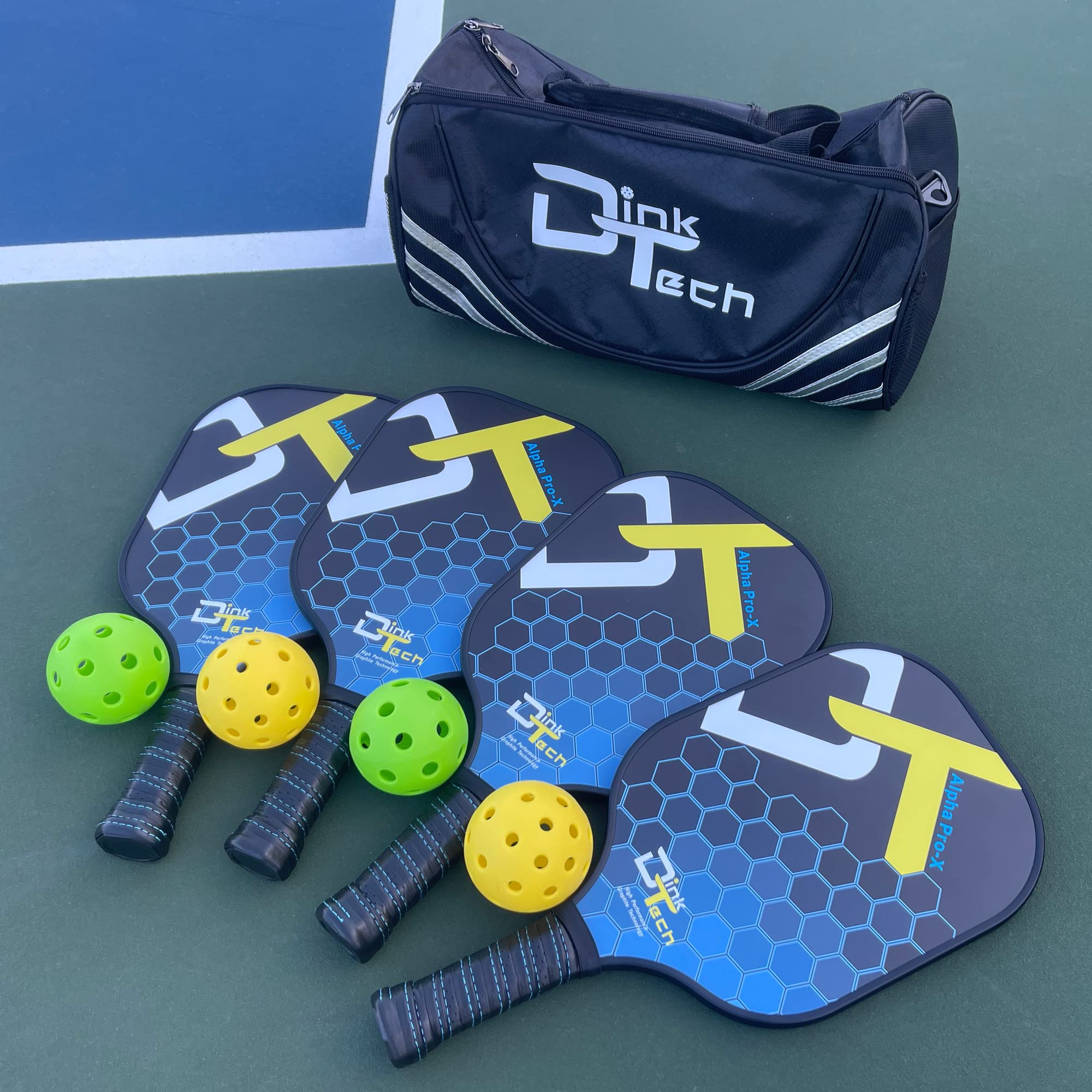 Dink Tech Pickleball Paddles Set – Pickleball Set of 4 Graphite Pickleball Paddles, 4 Pickleball Balls for Indoor or Outdoor Play. Pickle Ball Set – 4 Racquets, 4 Pickleballs, 1 Bag - USAPA Standard