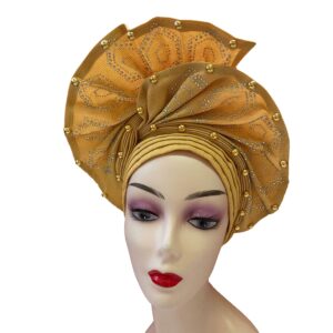 luxury nigerian headtie already made african headtie women headbands head wrap headties femme headscarf headgear sewing fabric for party (gold)