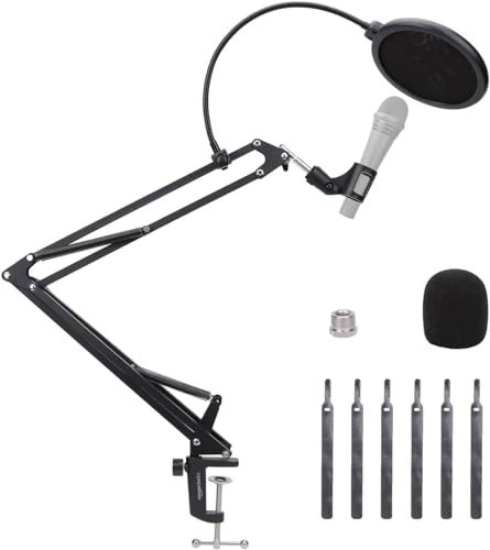 Amazon Basics Heavy-Duty Microphone Desk Arm Stand All-in-One Kit, with Adjustable Boom, Pop Filter, and Windscreen, for Blue Yeti, Snowball, Shure, Audio-Technica, and other Mics - 14 inch