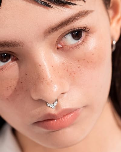 COCHARM Minimalist Septum Ring 16G Silver Flower Septum Nose Rings Clear CZ Helix Daith Earrings for Women Men Dainty Sparkly Helix Daith Piercing Jewelry Surgical Steel