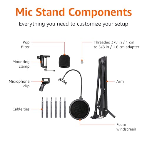 Amazon Basics Heavy-Duty Microphone Desk Arm Stand All-in-One Kit, with Adjustable Boom, Pop Filter, and Windscreen, for Blue Yeti, Snowball, Shure, Audio-Technica, and other Mics - 14 inch