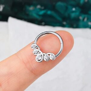 COCHARM Minimalist Septum Ring 16G Silver Flower Septum Nose Rings Clear CZ Helix Daith Earrings for Women Men Dainty Sparkly Helix Daith Piercing Jewelry Surgical Steel