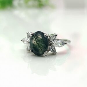 Natural Moss Agate Ring For Women Pear Oval Shaped Gold Ring Silver Ring Delicate Ring Stacking Ring Promise Ring For Women's Gift By FOREVER GEMS & JEWELS, Rose Gold,Green,White,Silver