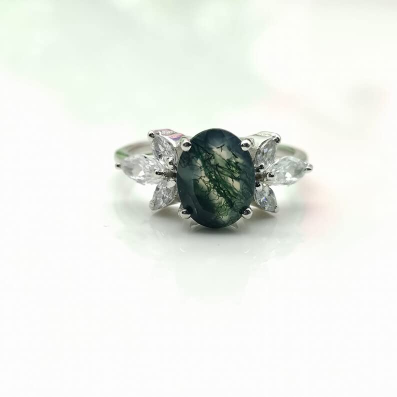 Natural Moss Agate Ring For Women Pear Oval Shaped Gold Ring Silver Ring Delicate Ring Stacking Ring Promise Ring For Women's Gift By FOREVER GEMS & JEWELS, Rose Gold,Green,White,Silver