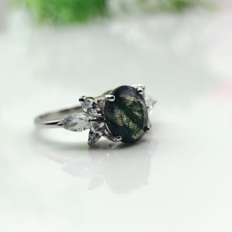 Natural Moss Agate Ring For Women Pear Oval Shaped Gold Ring Silver Ring Delicate Ring Stacking Ring Promise Ring For Women's Gift By FOREVER GEMS & JEWELS, Rose Gold,Green,White,Silver