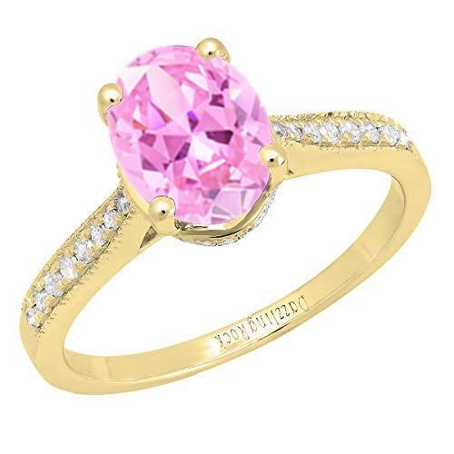 Dazzlingrock Collection 9X7 MM Oval Lab Created Pink Sapphire and Round Natural Diamond Women Ring, 10K Yellow Gold, Size 8