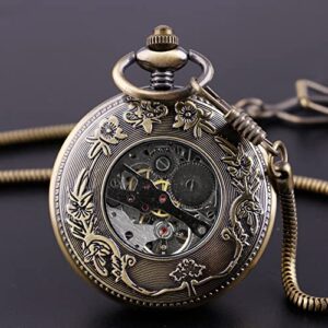 Alwesam Luxury Two Sub-dials Mechanical Pocket Watch Hand Winding Bronze Alloy Skeleton Back with Chain Retro Roman Numeral Clock…