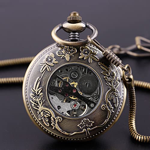 Alwesam Luxury Two Sub-dials Mechanical Pocket Watch Hand Winding Bronze Alloy Skeleton Back with Chain Retro Roman Numeral Clock…