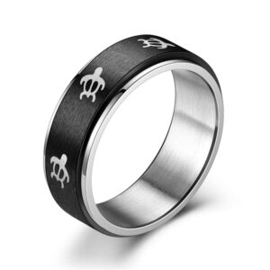 INRENG 8MM Stainless Steel Spinner Ring for Men Women Anxiety Relief Fidget Rings Band Animal Turtle Engraved Black Size 7