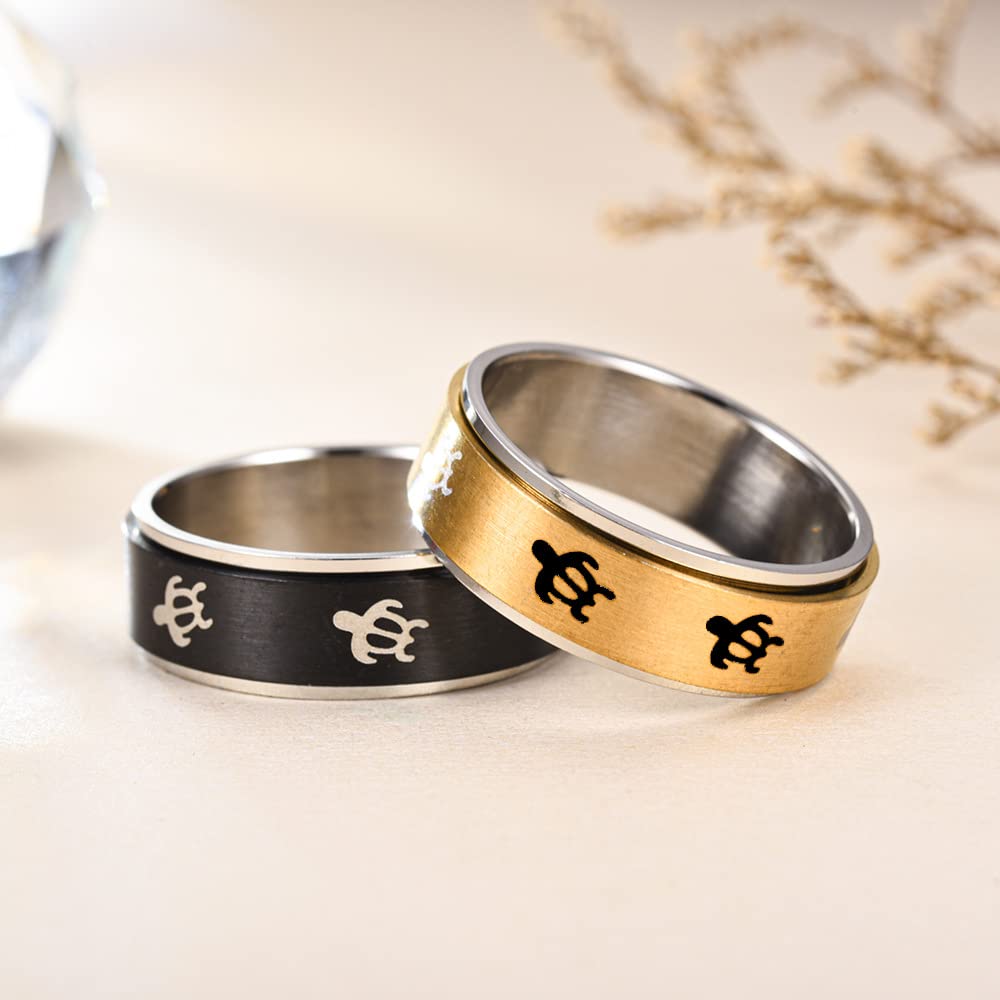 INRENG 8MM Stainless Steel Spinner Ring for Men Women Anxiety Relief Fidget Rings Band Animal Turtle Engraved Gold Size 12