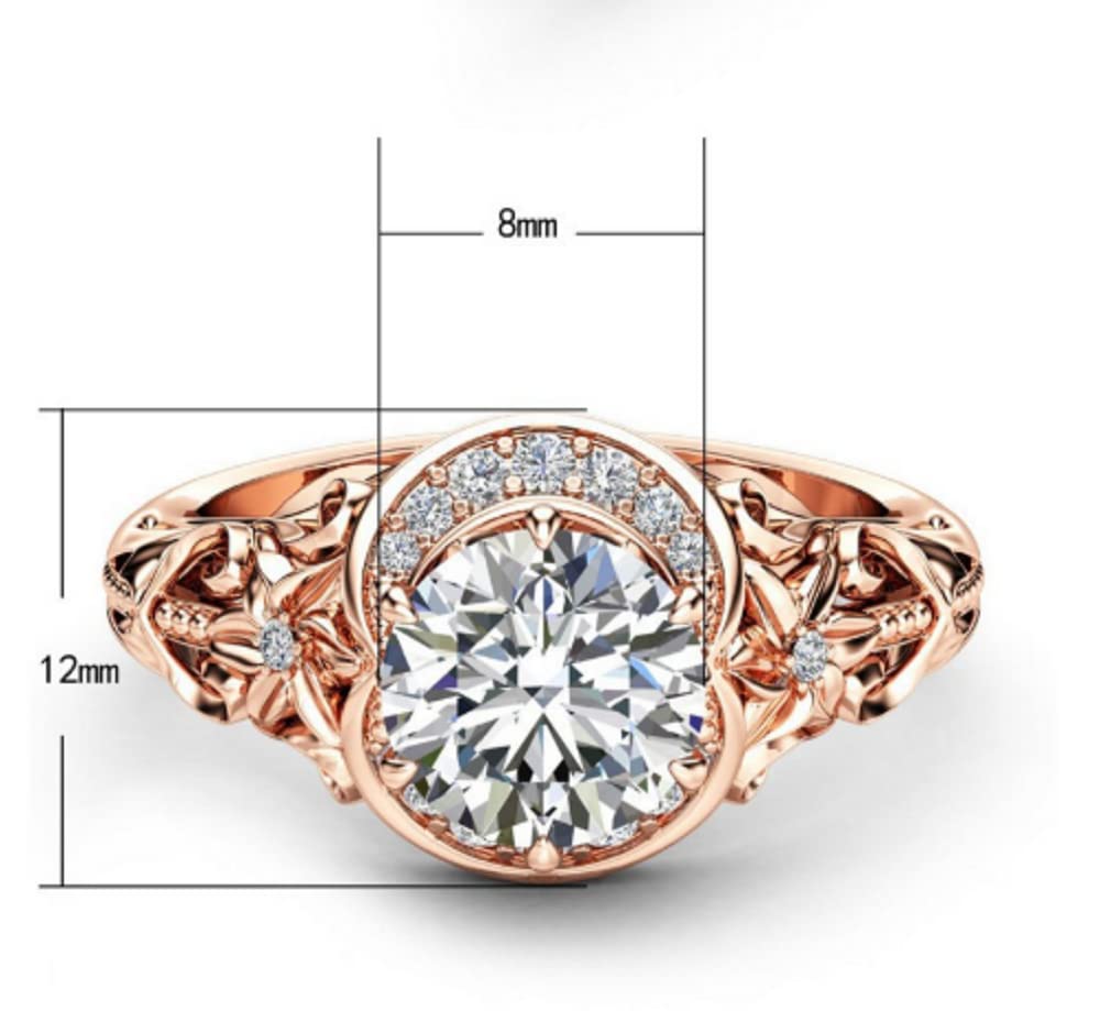 HUKQBUNX 18k Rose Gold morsonite Hollowed Out Flower Flower Crescent Diamond Multi Crystal gem morsonite Women's Precious Fashion Wedding Engagement Diamond Ring Size 6-10 (Size 8)